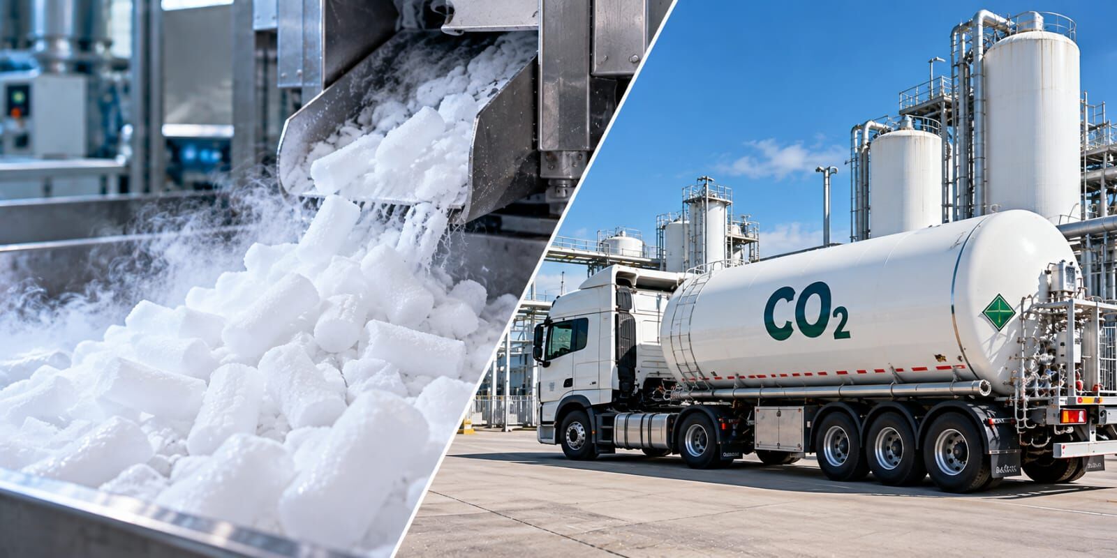Akull i thatë në prodhim dhe një autocisternë CO₂ në një objekt industrial