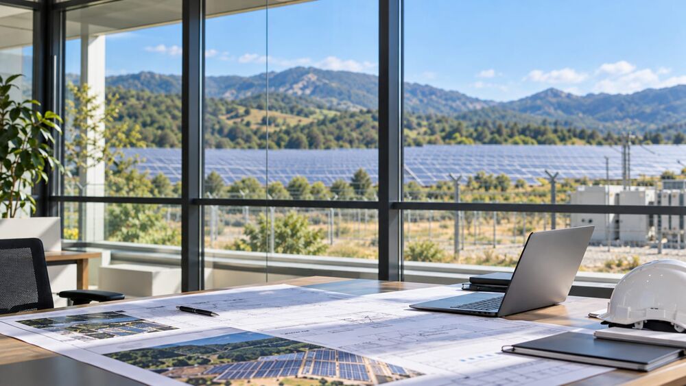 Tavolinë zyre me plane projekti dhe laptop, me pamje nga një park diellor mes kodrave